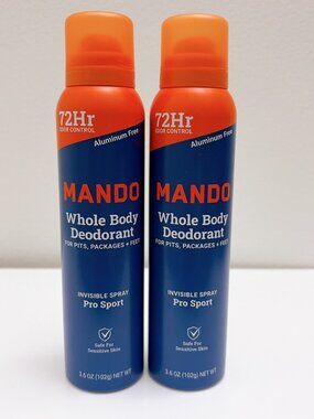Lot of 2 Mando Men's Whole Body Deodorant Spray Pro Sport 72hr Invisible - 3.6oz